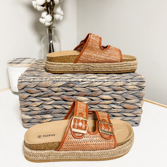 Brown Raffia Woven Two Strap Platform Espadrille Platform Sandals Size 8.5 - Picture 4 of 7